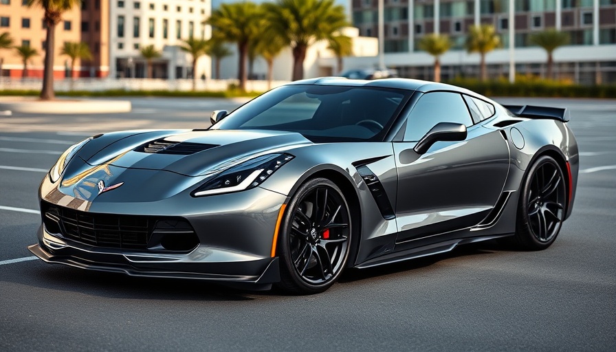 Sleek Corvette Z06 parked in urban setting, black rims. Corvette Z06 for sale.