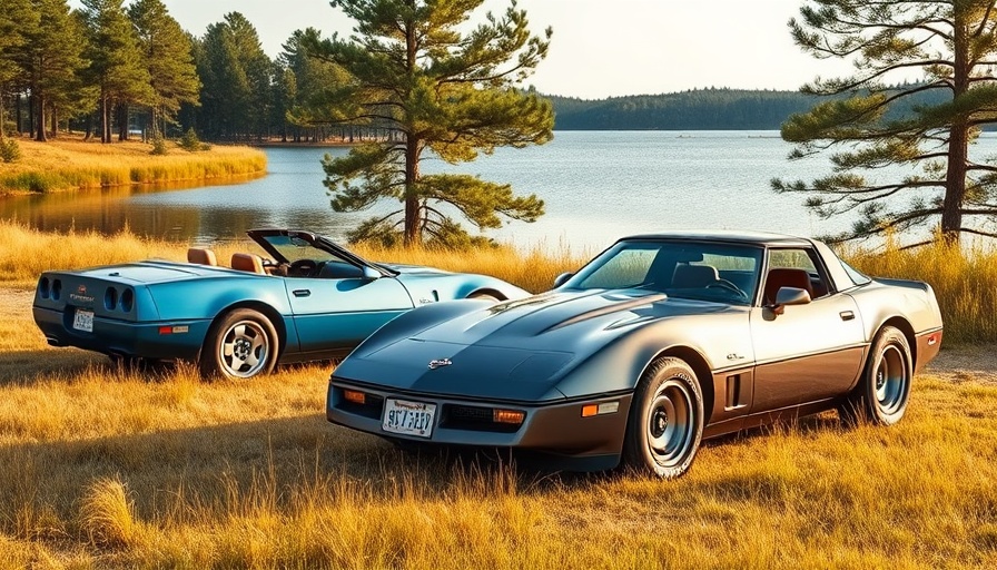 C4 Corvette legacy: Blue and gray Corvettes by a lake.