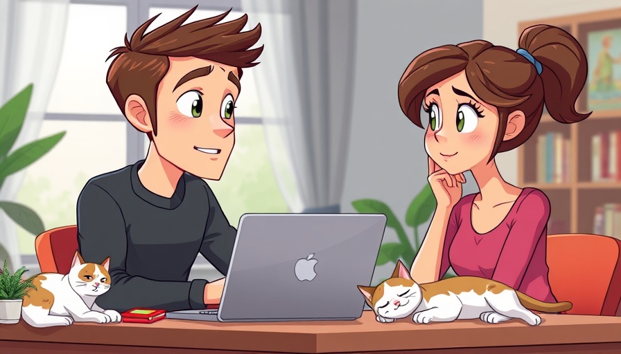 Cartoon couple conversing at a desk with laptop and cat.