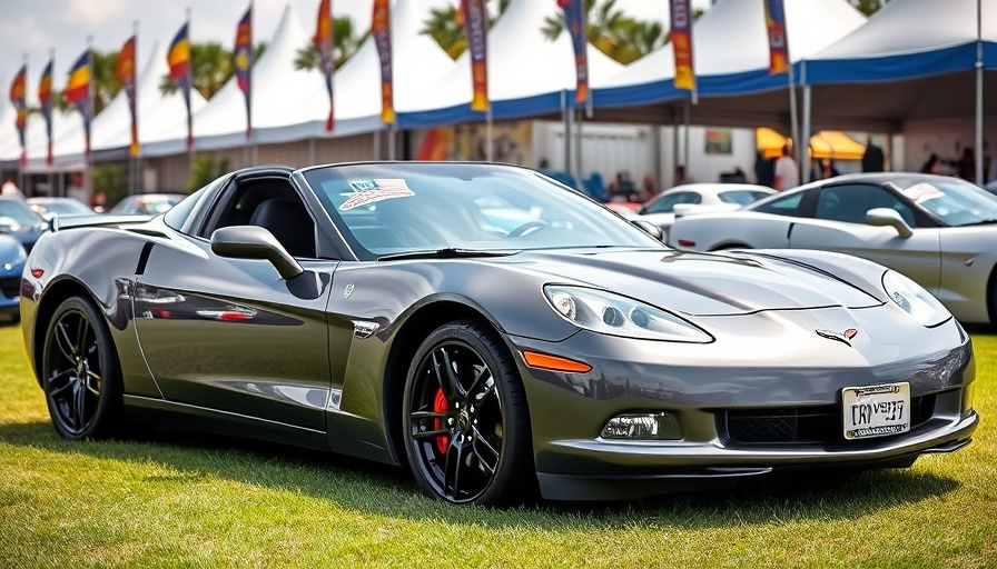 Corvettes at Carlisle 2025 - gray Corvette displayed with event tents and flags.