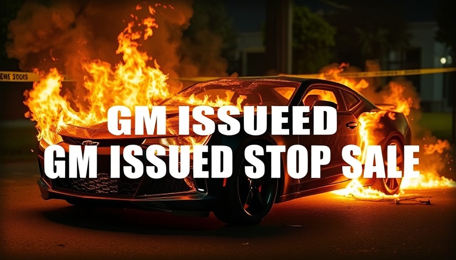 Burnt sports car on fire at night with 'GM Issued Stop Sale' text.