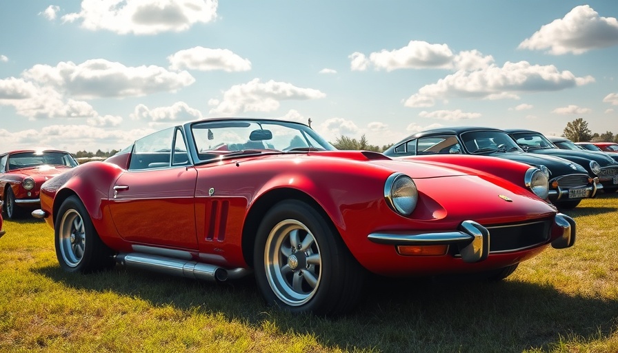 Classic red sports car in car show under sunny sky, symbolizing luxury performance cars.
