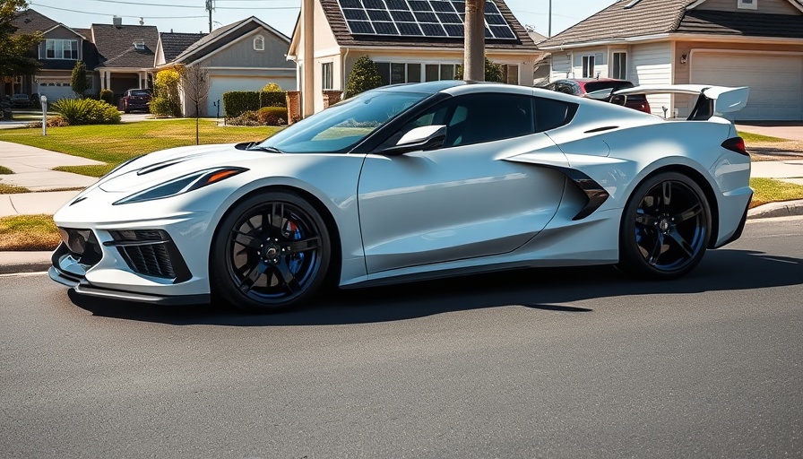Sleek white 2025 Corvette ZR1 with blue accents parked in suburban area.