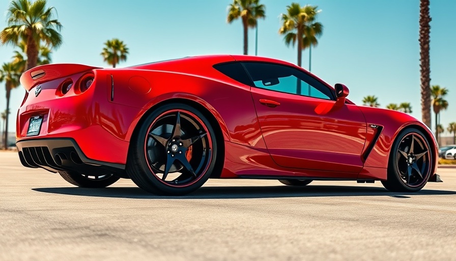 Vibrant red sports car with Talladega forged wheels under palm trees.