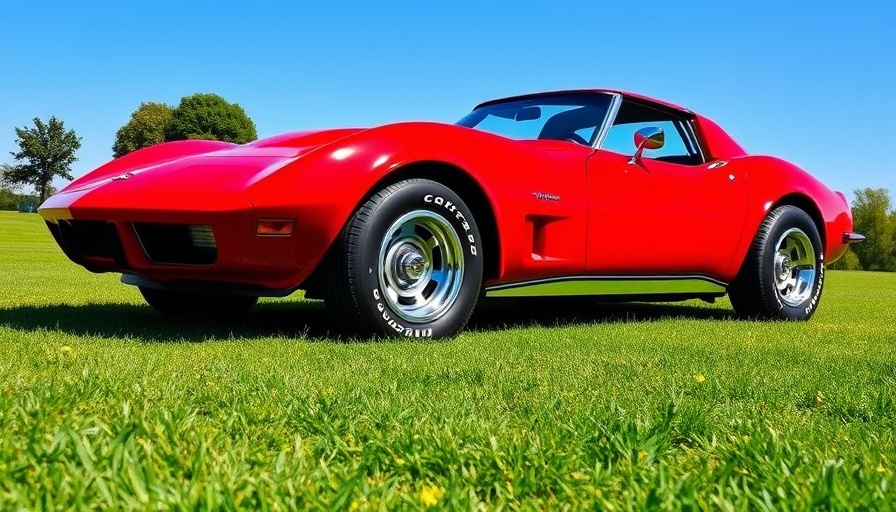 Classic C3 Corvette at Mecum's Summer Auction, vibrant red, green lawn backdrop.