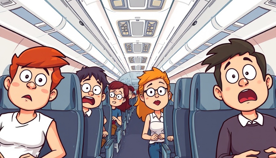 Cartoon of airplane passengers with surprised expressions.