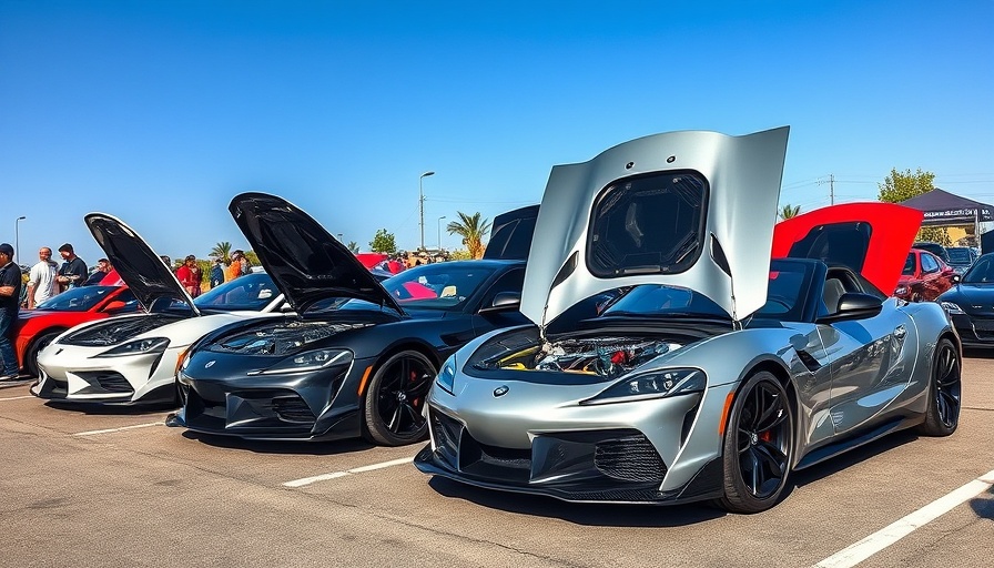 High-performance cars displayed at Hard Rock Summer Car Show under a clear blue sky.