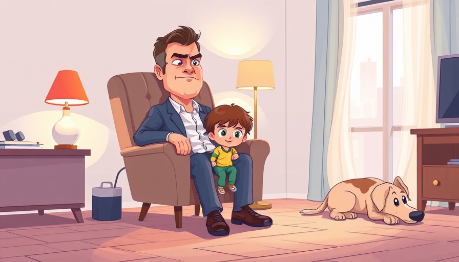 Cartoon man and child with a dog in a living room, Corvette ownership concept.