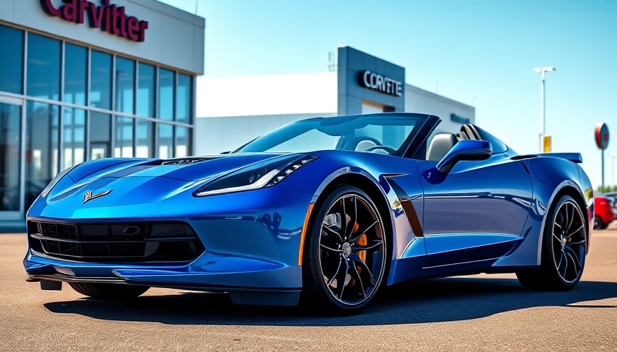 Sleek blue Corvette at dealership for Corvette Delivery Dispatch.
