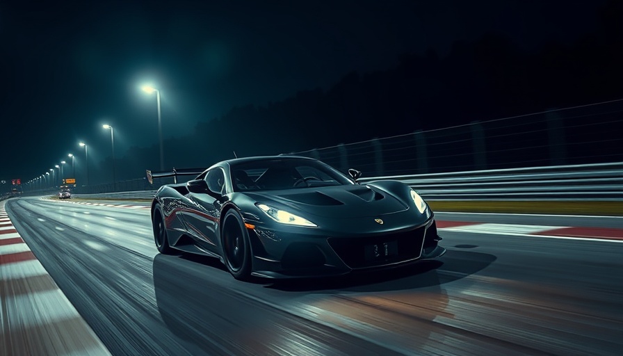 Sleek racing car speeding at night on track, showcasing dynamic motion.