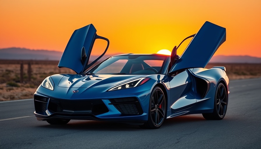 Sleek blue mid-engine Corvette with doors open at sunset