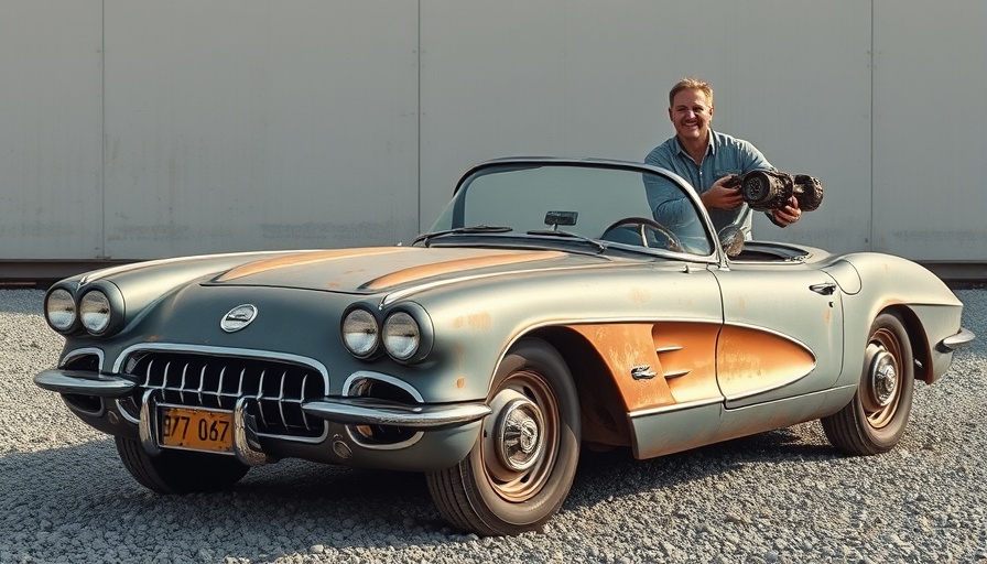 Rusty Corvette with man holding part, cheapest corvette for sale.