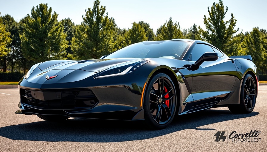 Sleek black Chevrolet Corvette at a dealer near me, parked on a sunny day.