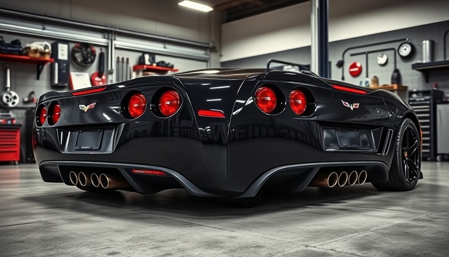 Sleek black C6 Corvette Z06 with AWE exhaust in a workshop.