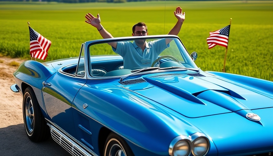 Corvette ownership story: Enthusiastic owner with classic blue Corvette and American flag backdrop.