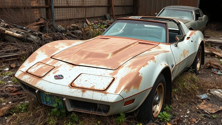 Weathered Corvette in junkyard, showcasing classic cars and automotive nostalgia.