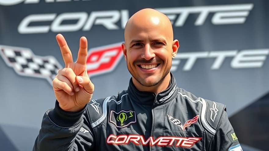Ben Keating at Corvette show Texas, smiling in racing suit against vibrant backdrop.