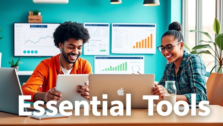 Essential Tools: Diverse individuals collaborating in a vibrant workspace with digital devices.