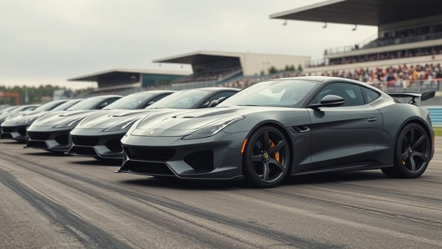Sleek gray hybrid performance cars lined up for drag racing at a racetrack.