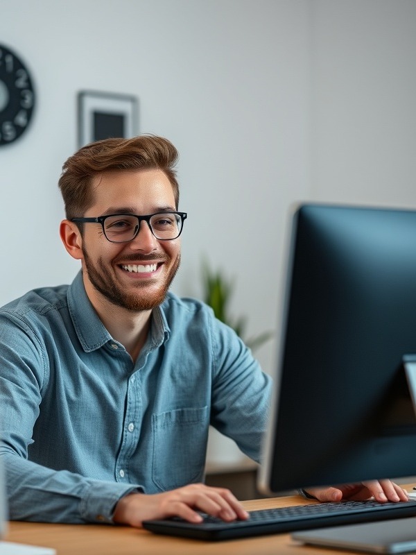 man in therapy session smiling, advising, photorealistic, modern home office with a laptop, highly detailed, slight hand gestures, 50mm lens, bright lighting, cool and neutral colors