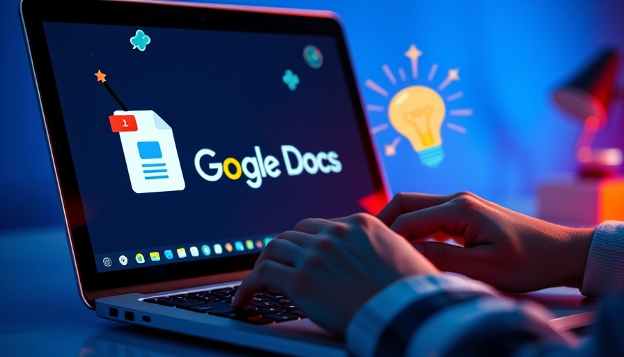 Hands typing on laptop with Google Docs, colorful digital graphic.