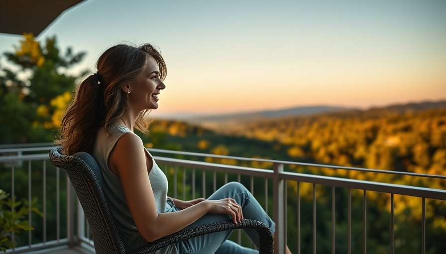 Woman relaxing on a balcony with scenic forest view along Newberg Lavender Trail.