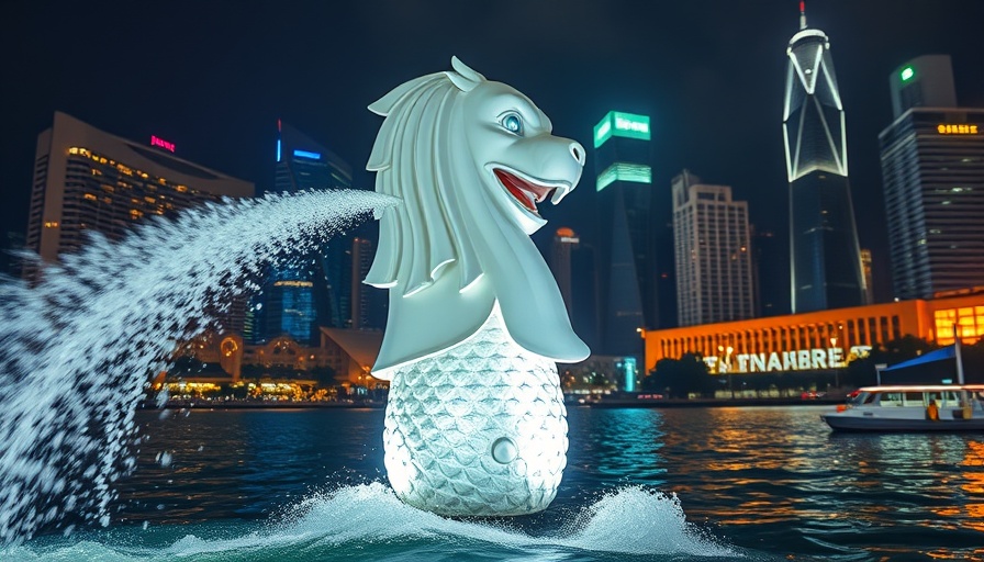 Merlion statue in Singapore overlooking the city at night.
