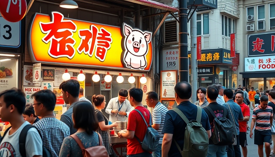 Lechon Singapore street food stall with people in line.