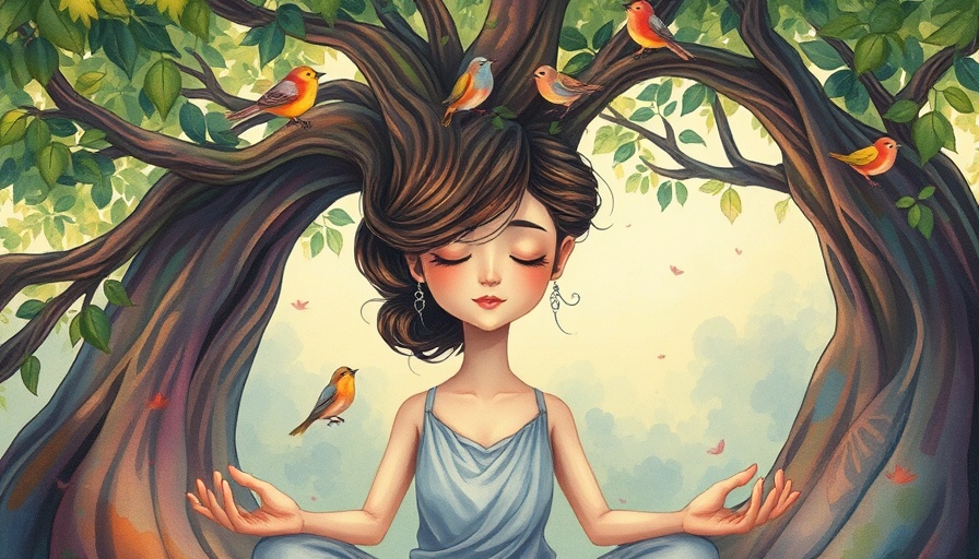 Serene woman meditating with tree hair symbolizing mental health
