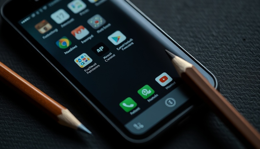 Smartphone with note-taking apps and pencils on dark surface.