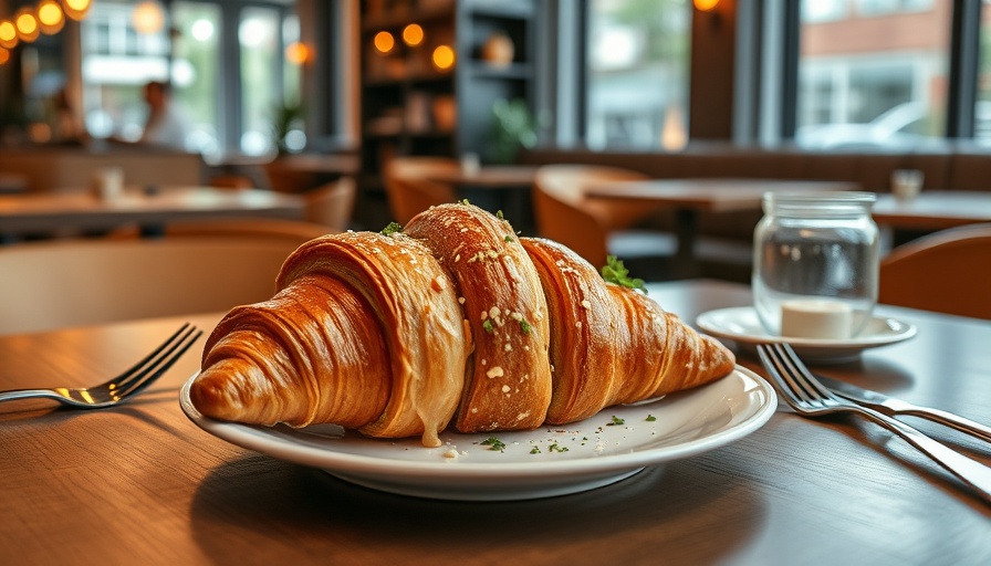 Gourmet breakfast in chic Singapore café, croissant dish on table.