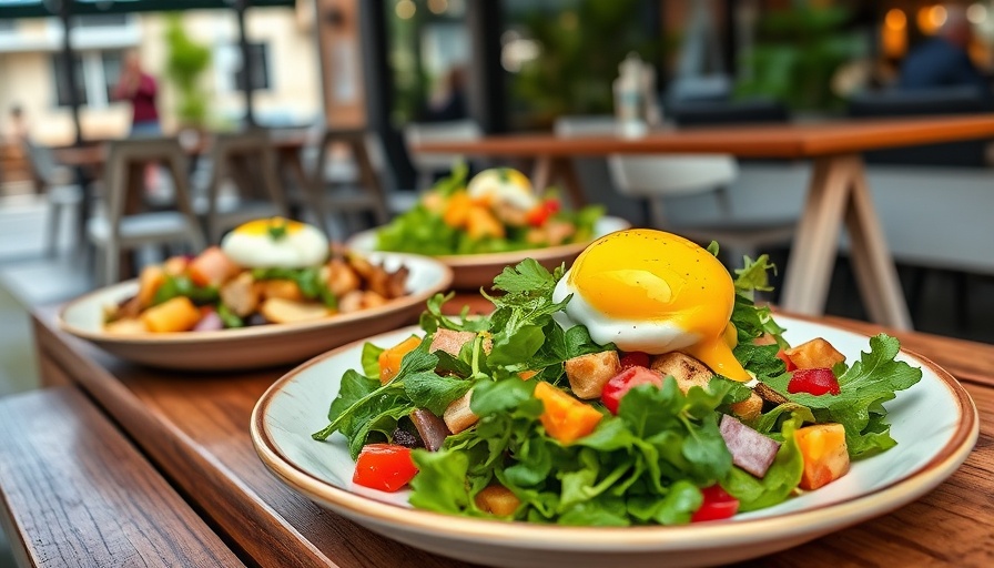 Singapore breakfast of gourmet dishes with fresh salads and poached egg.