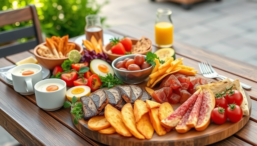 Gourmet breakfast at Toma by The River on a wooden table.
