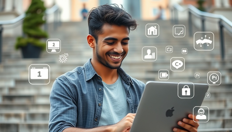 Young man doing weekly review on laptop with digital icons.