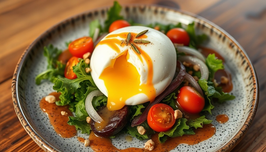 Gourmet breakfast plate at a breakfast eatery features poached egg, greens, and nuts.