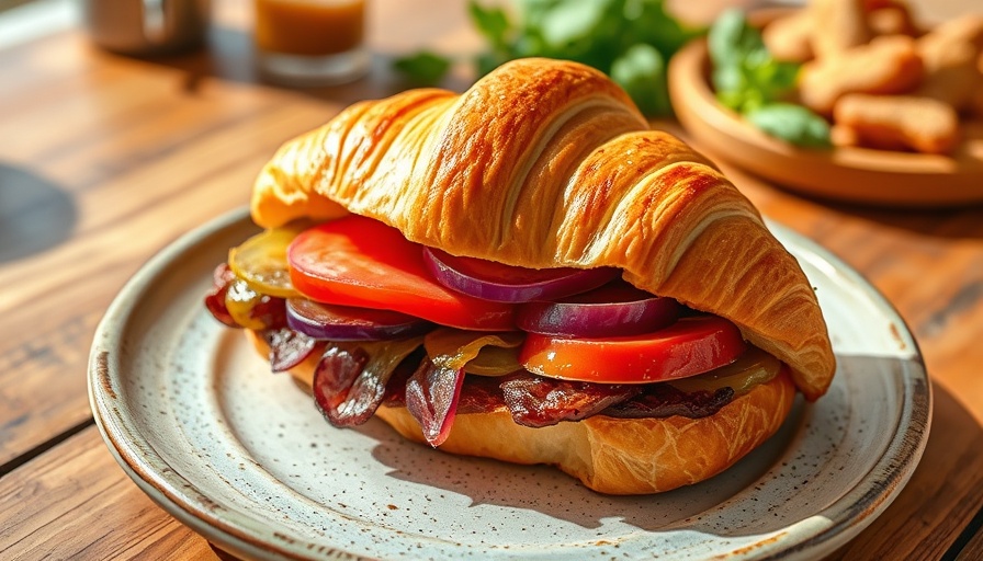 Gourmet croissant sandwich at Toma By The River on wooden table.