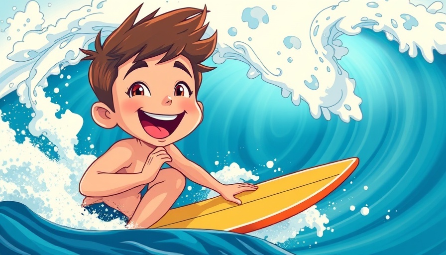 Kindness Ripple: Cartoon surfer on swirling ocean waves.