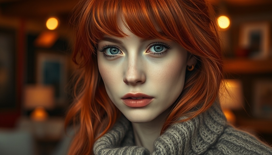Red-haired woman gazing intensely in a cozy holiday movie setting.