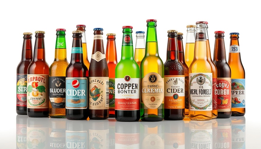 Variety of cider bottles and cans on reflective surface, bright and detailed.