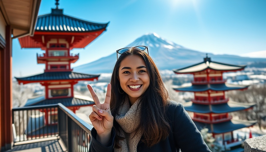 Young woman enjoying view of Mount Fuji and pagoda outdoors.