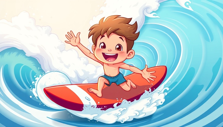 Acts of kindness depicted in a whimsical cartoon of a surfing boy.