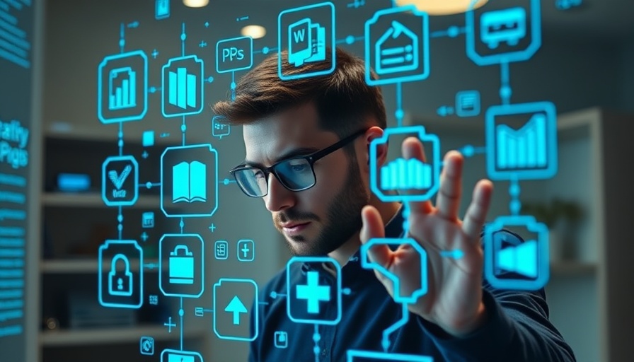 Man engaging with futuristic AI publishing icons on a digital interface.