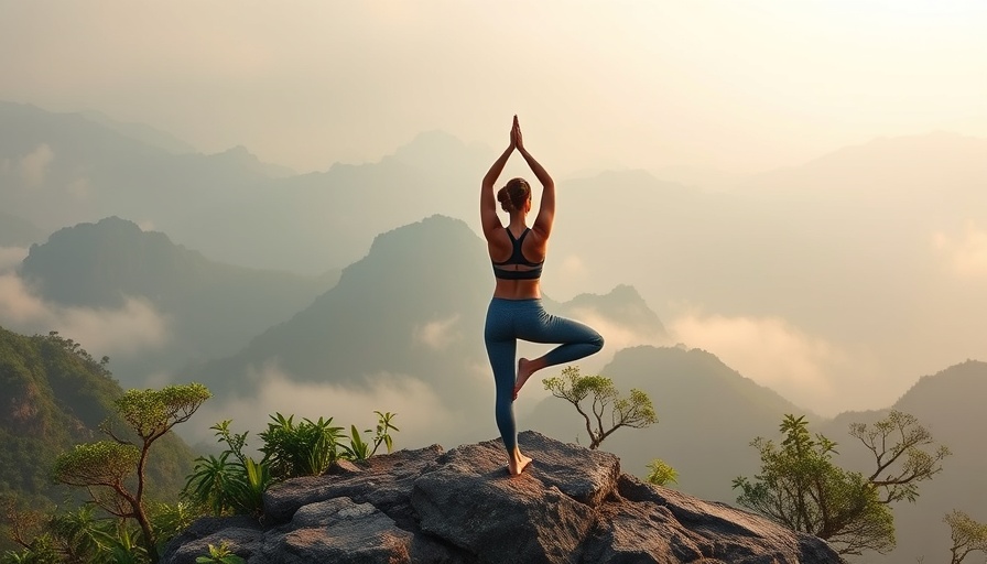 Yoga pose in Thailand fitness retreat with misty mountains.