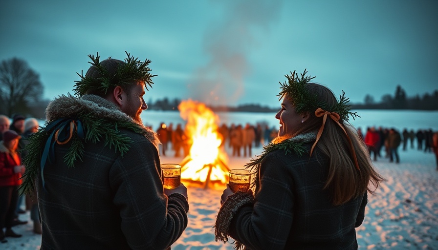 Wassail tradition participants in festive attire by a bonfire in the snow.
