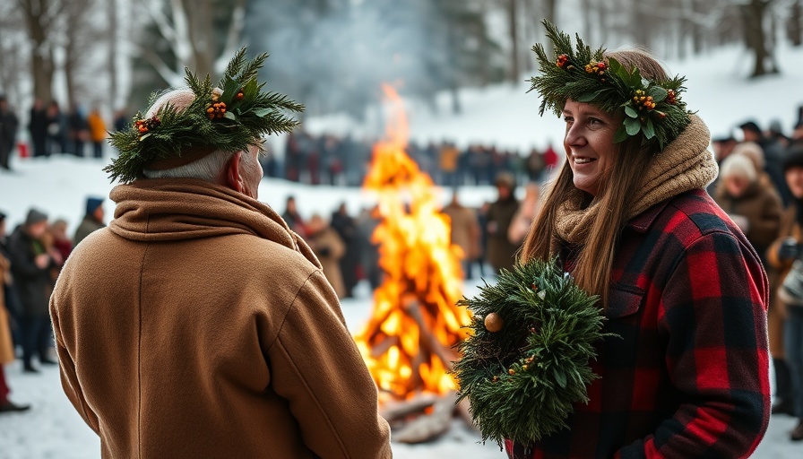 Participants in a winter Wassail tradition near a bonfire.