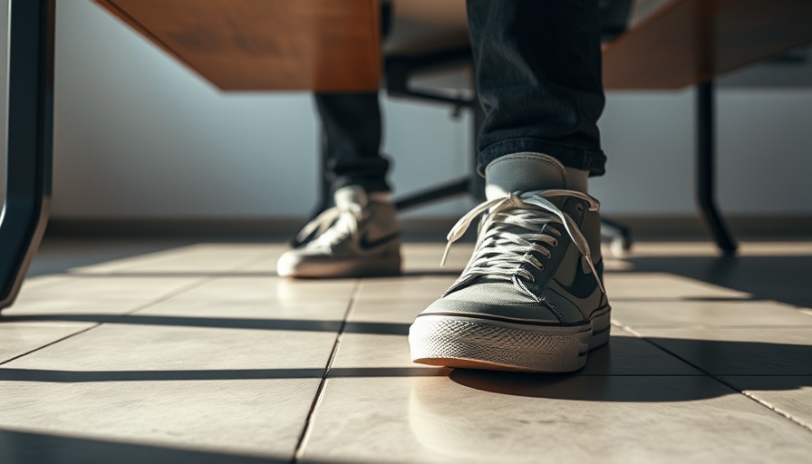 Person fidgeting feet under desk with sneakers, feet fidget toys.