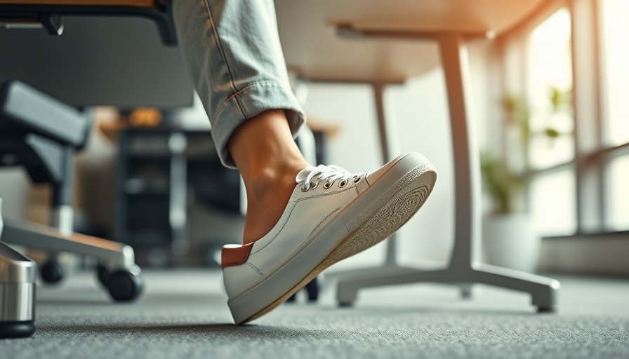 Feet fidgeting in sneakers under desk in office setting.
