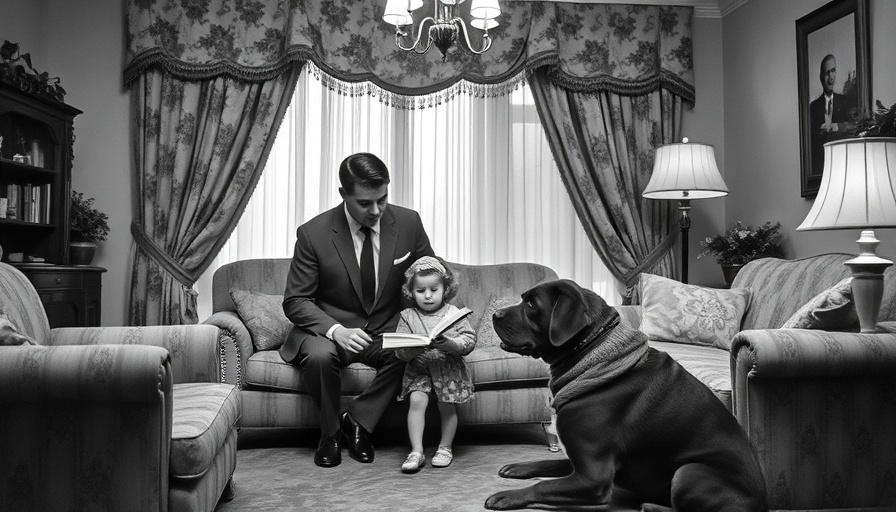 Hollywood legends in vintage family scene with child and dog.
