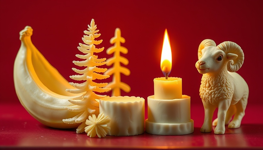 Artistic butter sculptures arranged on a red background.