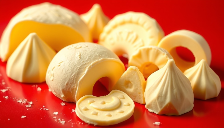Creative butter sculpture display in varied shapes on a red base.